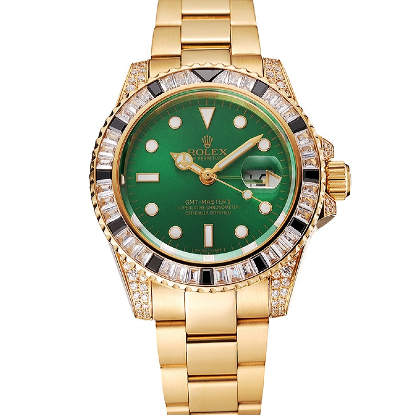 Aaa replica watch Rolex Stone 1453748 GMT II Case Swiss Set Gold Bezel Bracelet Green Dial And Master 0521